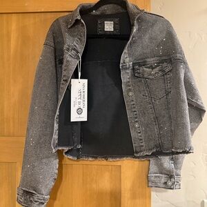 NWT Nina Rossi Gray Denim Jacket with sparkleyyy Distressed Details